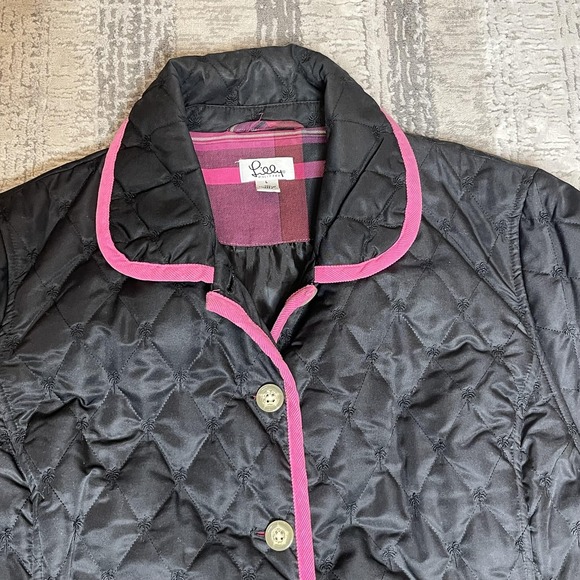Lilly Pulitzer Jacket Womens Large Black Quilted Pink Trim Button Front Preppy - Picture 6 of 14